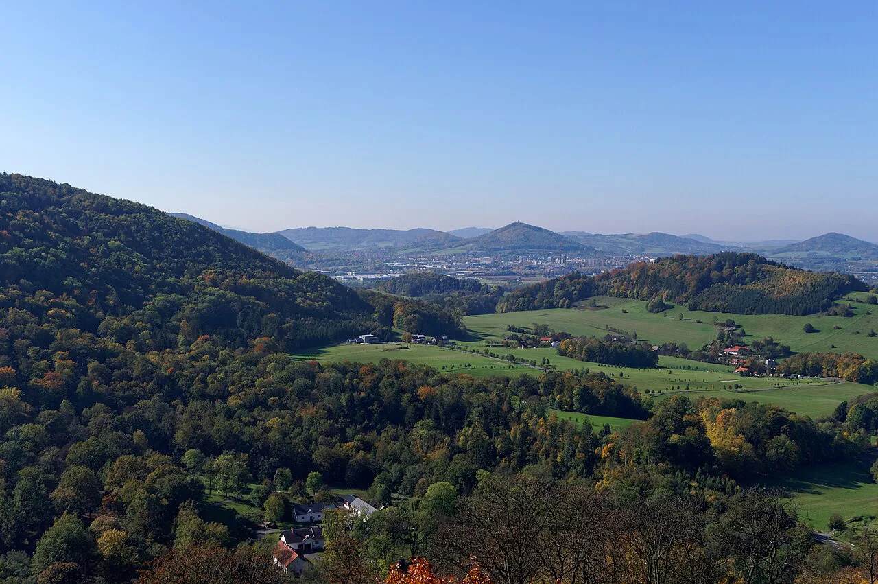 View over the hills and countryside from Hukvaldy Castle.