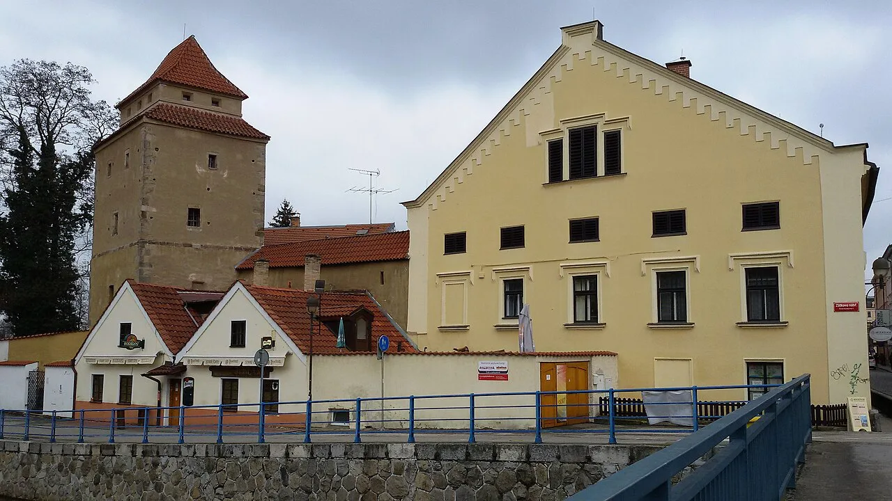 The Iron Maiden Tower and the house at Biskupská 12, České Budějovice.