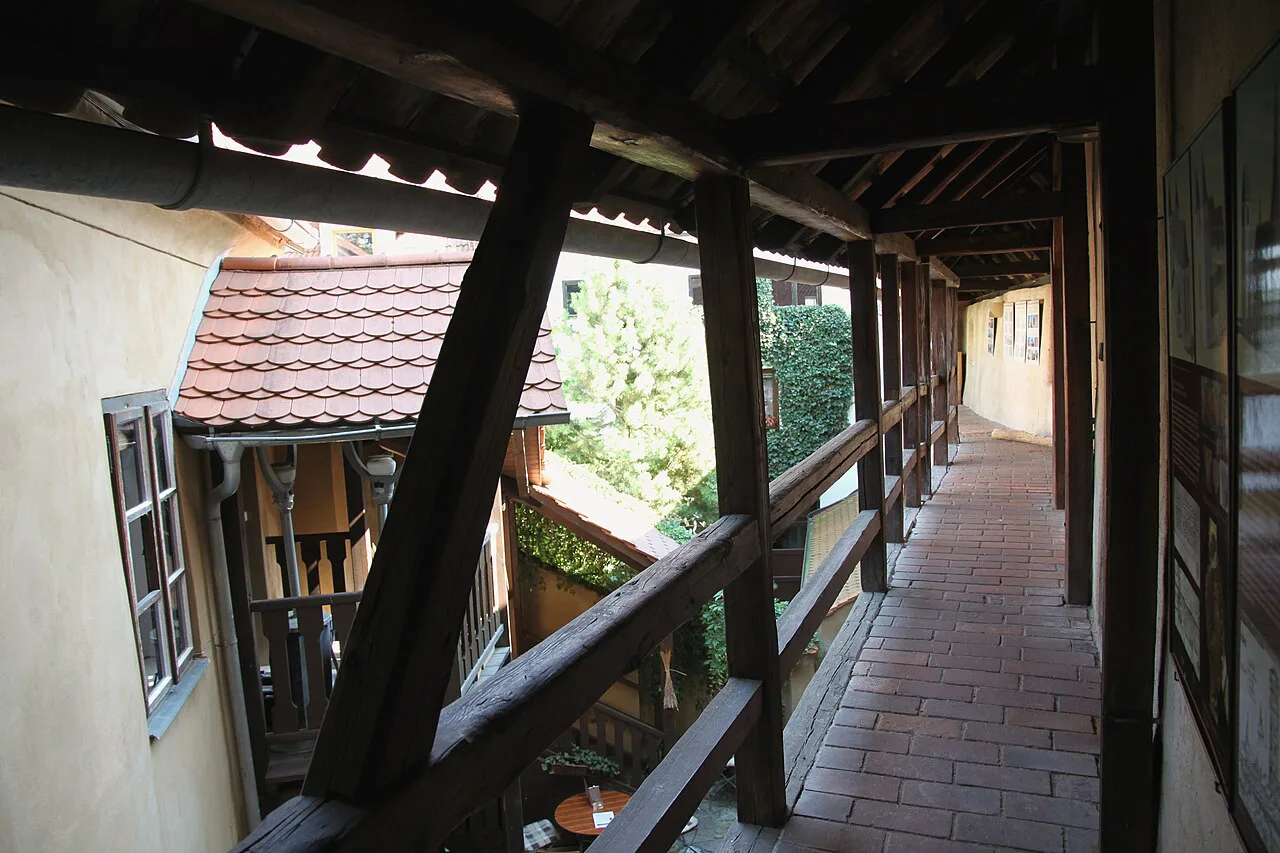 Covered wooden gallery at the Iron Maiden Tower, České Budějovice.