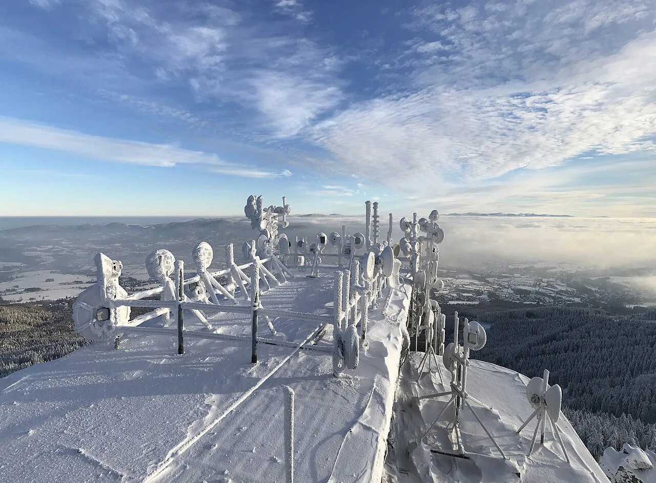 Rime ice on the Ještěd Tower in winter.