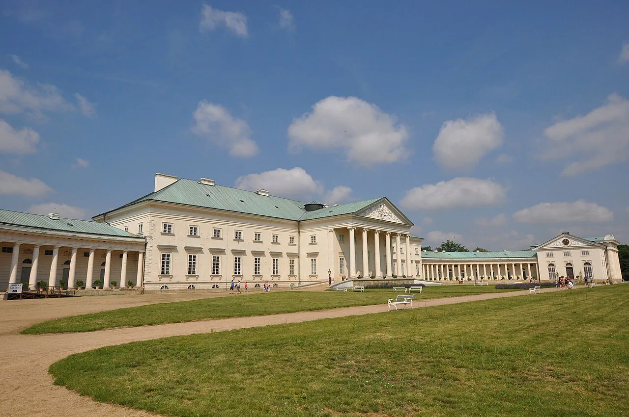 Kačina Chateau and its curving wings seen from the park.