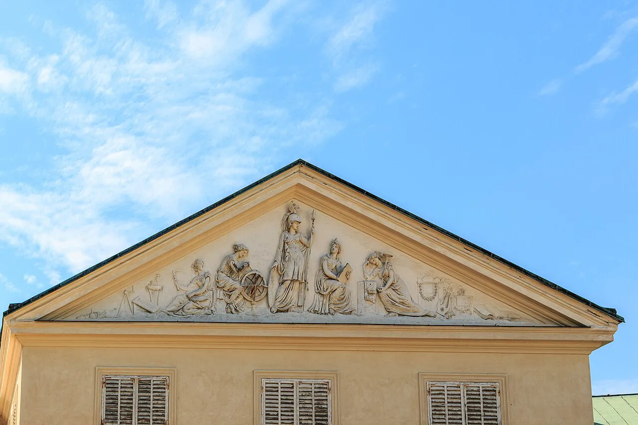 Sculpted stucco pediment on the facade of Kačina Chateau.