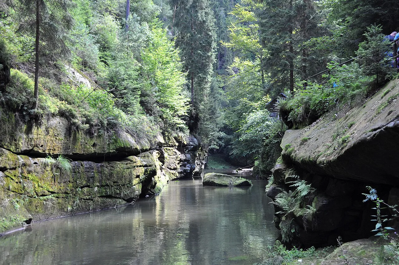 Sandstone walls above the Kamenice River in Edmund's Gorge, Bohemian Switzerland.