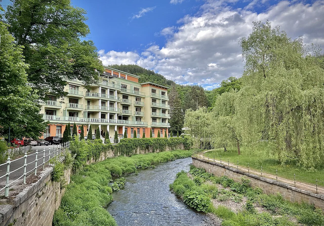 The Teplá River flowing through Karlovy Vary.