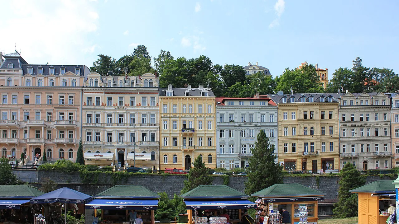 Colorful spa houses along Zahradní Street in Karlovy Vary.