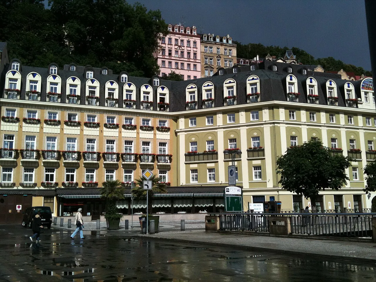 Grand spa hotels along the riverside in Karlovy Vary.
