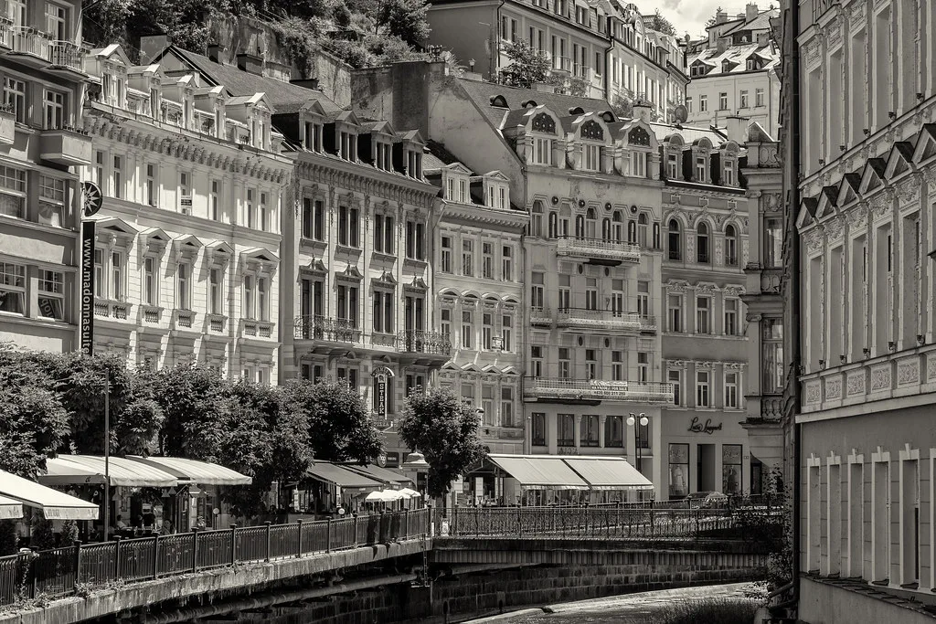 Historic buildings along the Teplá River in Karlovy Vary
