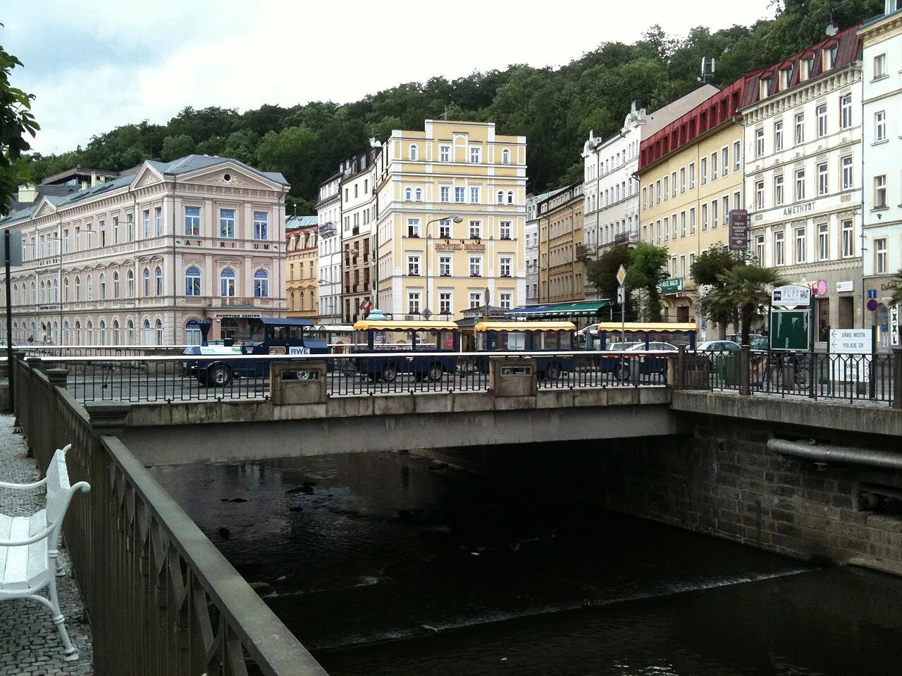 Spa buildings along the Teplá River in Karlovy Vary.