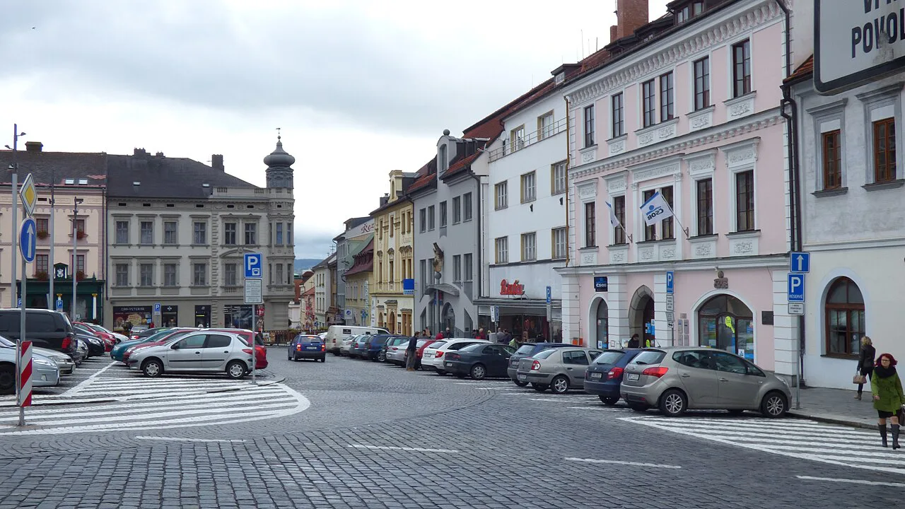 Historic buildings on the main square in Klatovy.