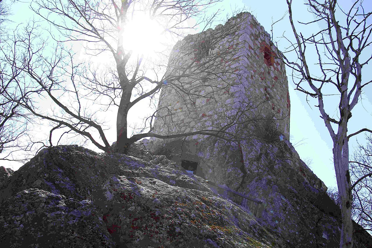 The tower of Kozí hrádek on its rock above Mikulov.
