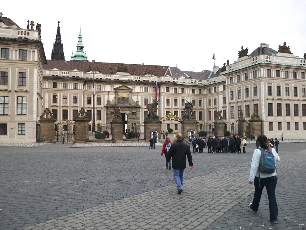 First Courtyard of Prague Castle, with the spires of St. Vitus Cathedral behind