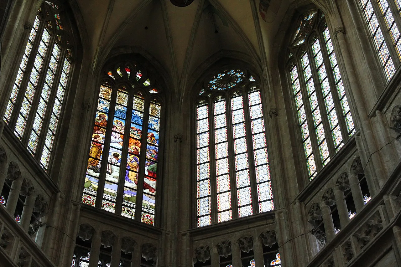 Stained-glass windows and ribbed vaulting inside St. Barbara's Church, Kutná Hora.