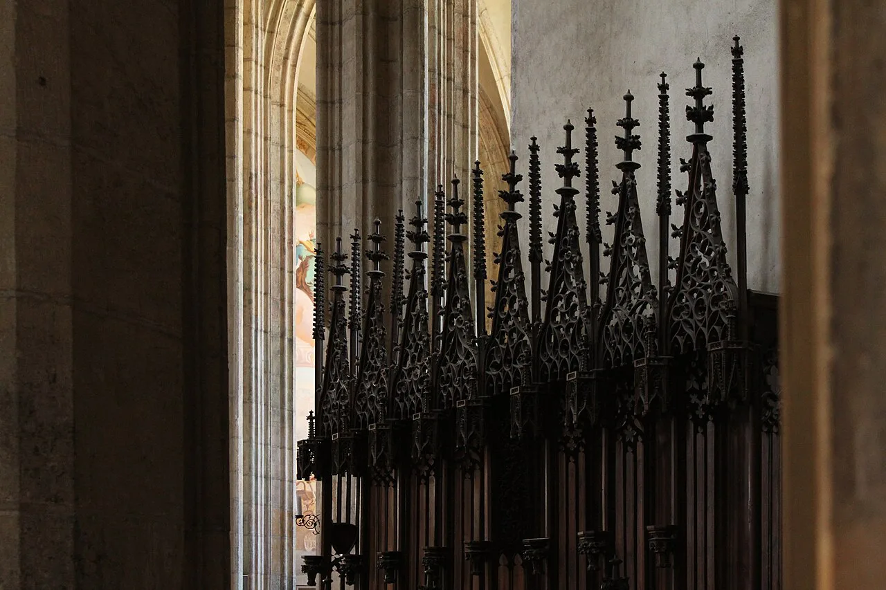 Carved Gothic choir stalls in St. Barbara's Church, Kutná Hora.