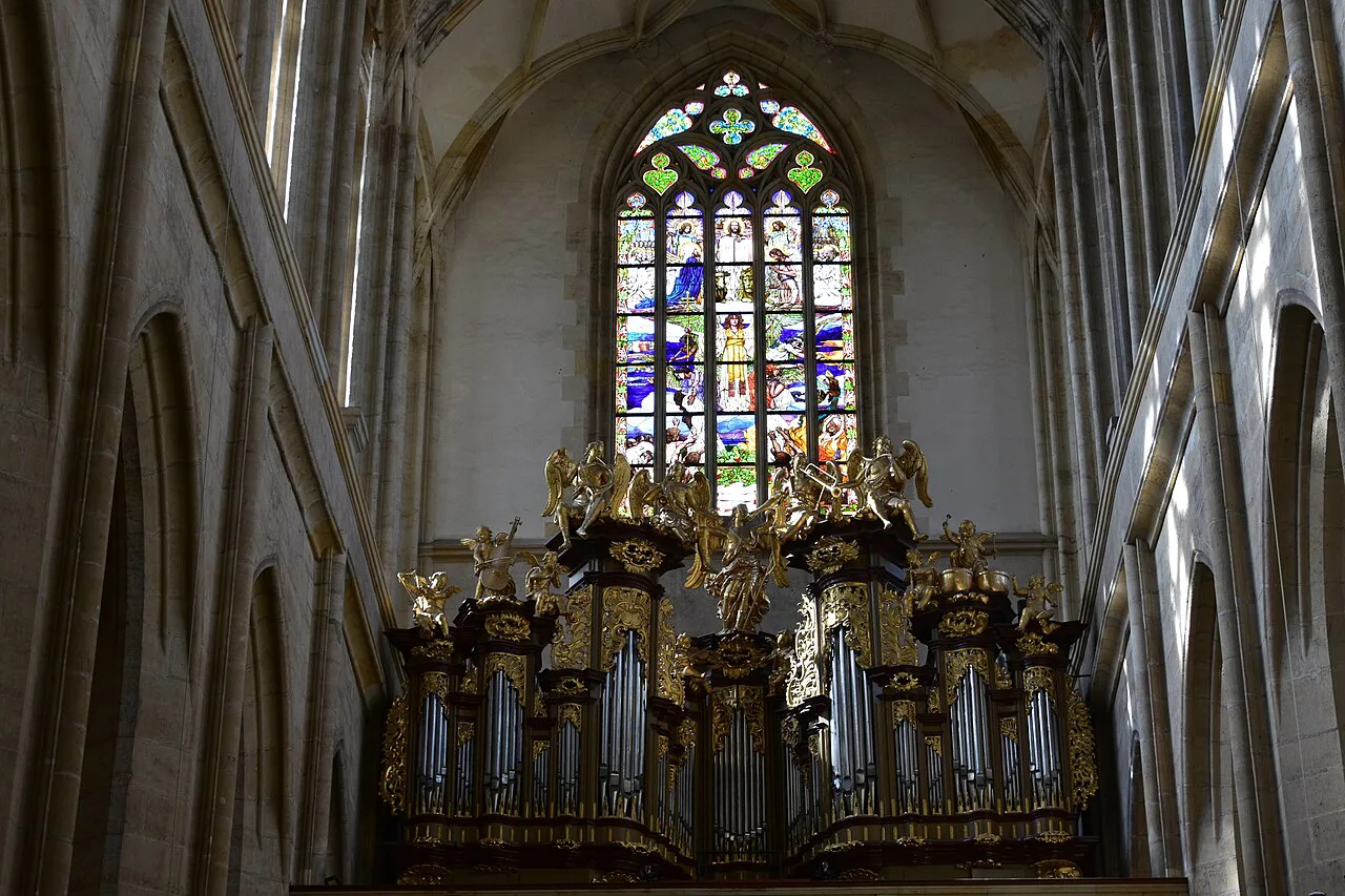 The organ and stained glass inside St. Barbara's Church, Kutná Hora.
