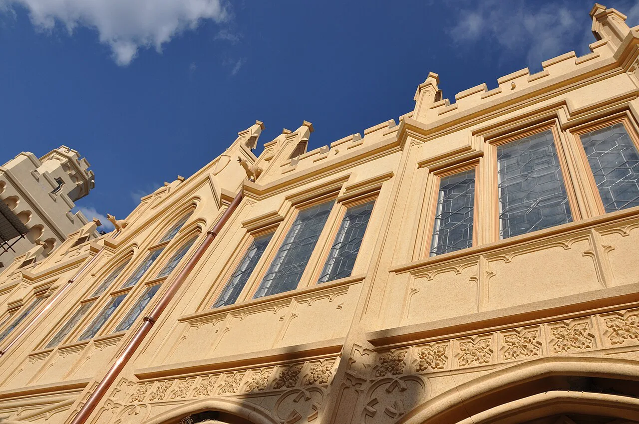 Neo-Gothic facade detail of Lednice Castle.