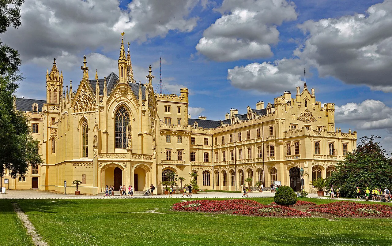 Lednice Castle and its formal flower beds.