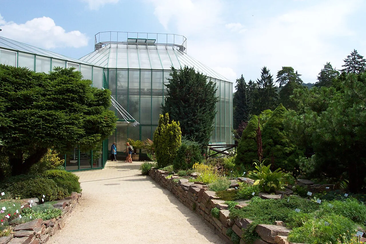 Greenhouses and garden paths at the Liberec Botanical Garden.