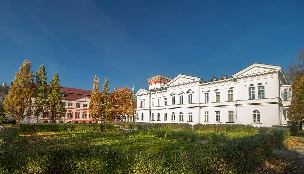 The old and new castle buildings of Liberec Castle in autumn.