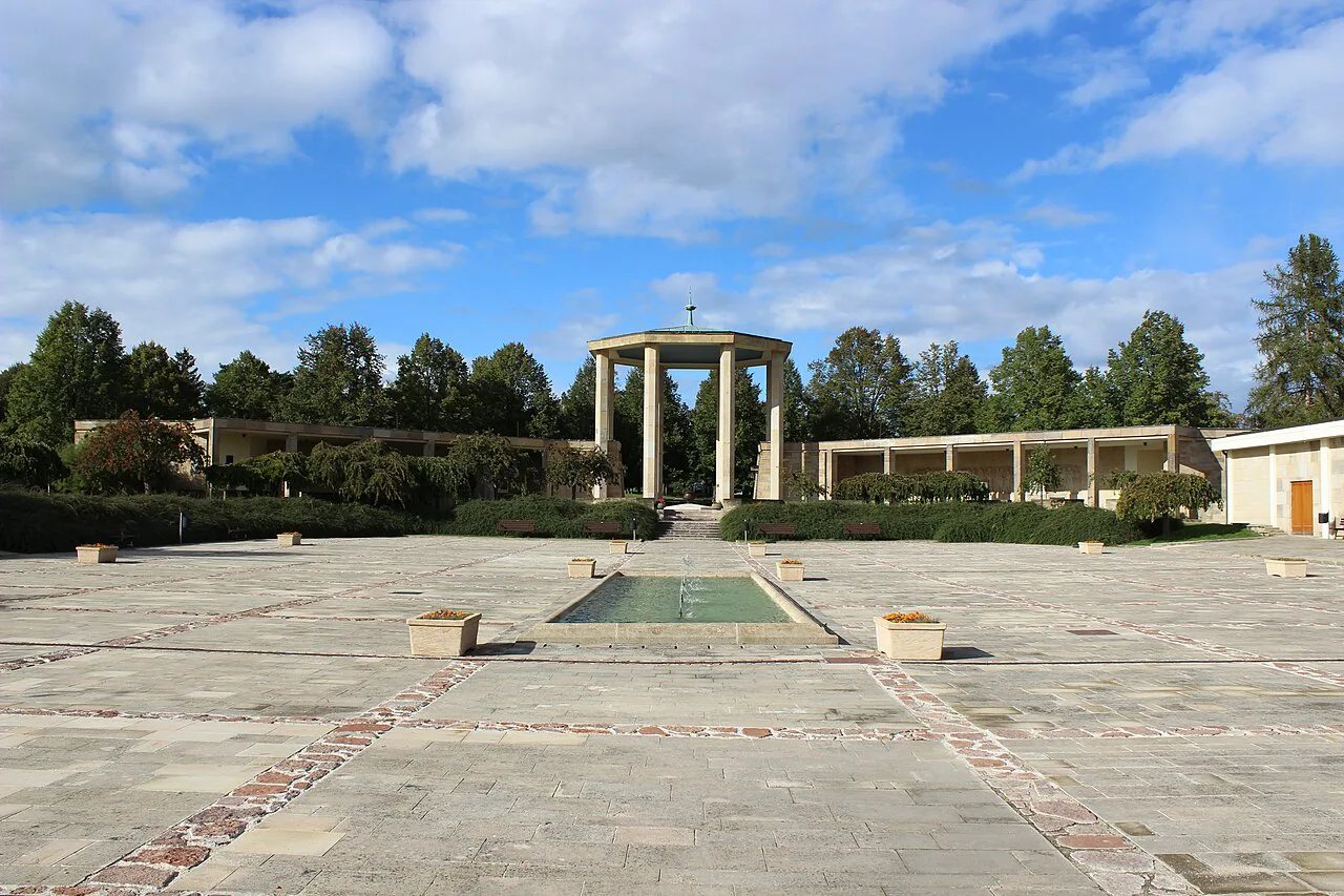 The open area in front of the colonnade at the Lidice Memorial.