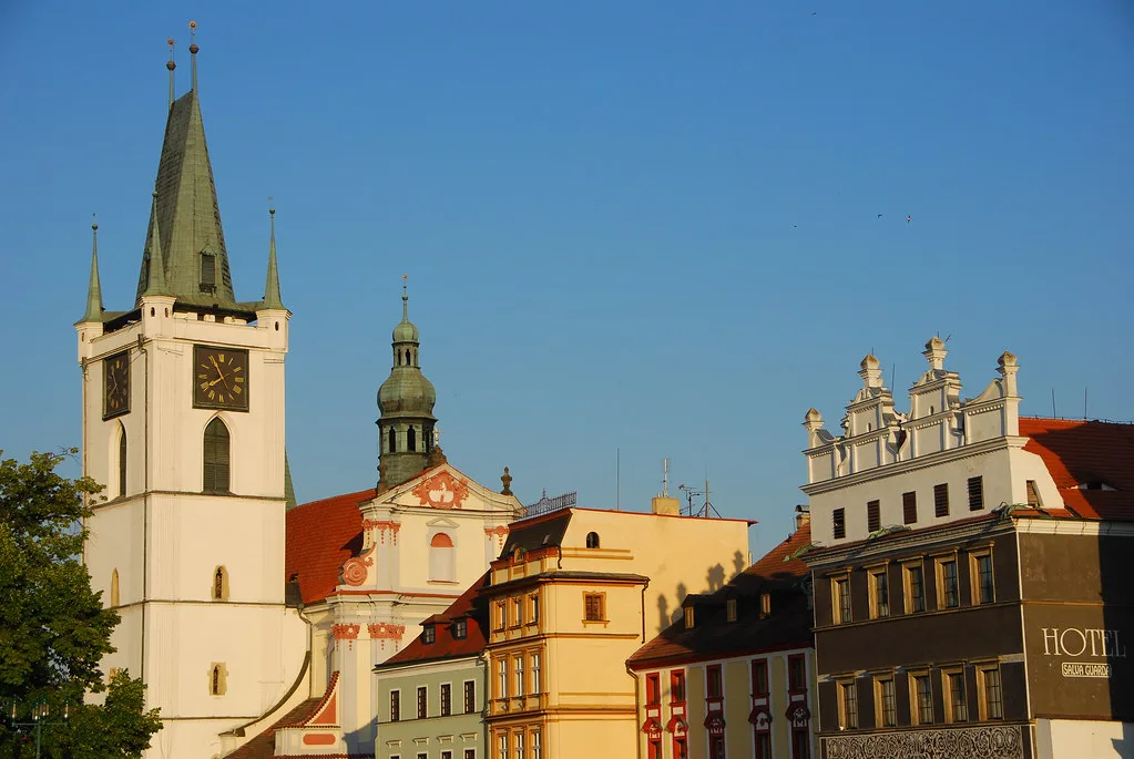 Church tower and Renaissance gabled facades on the main square in Litoměřice