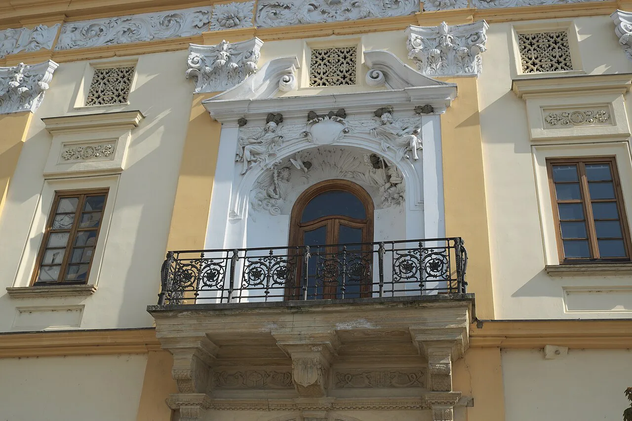 An ornate burgher house façade on náměstí Přemysla Otakara, Litovel.