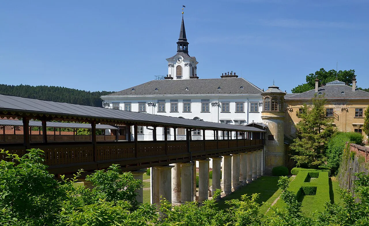 The covered colonnade in the gardens of Lysice Castle.