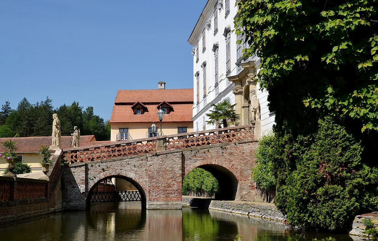 Stone bridge over the moat at Lysice Castle.