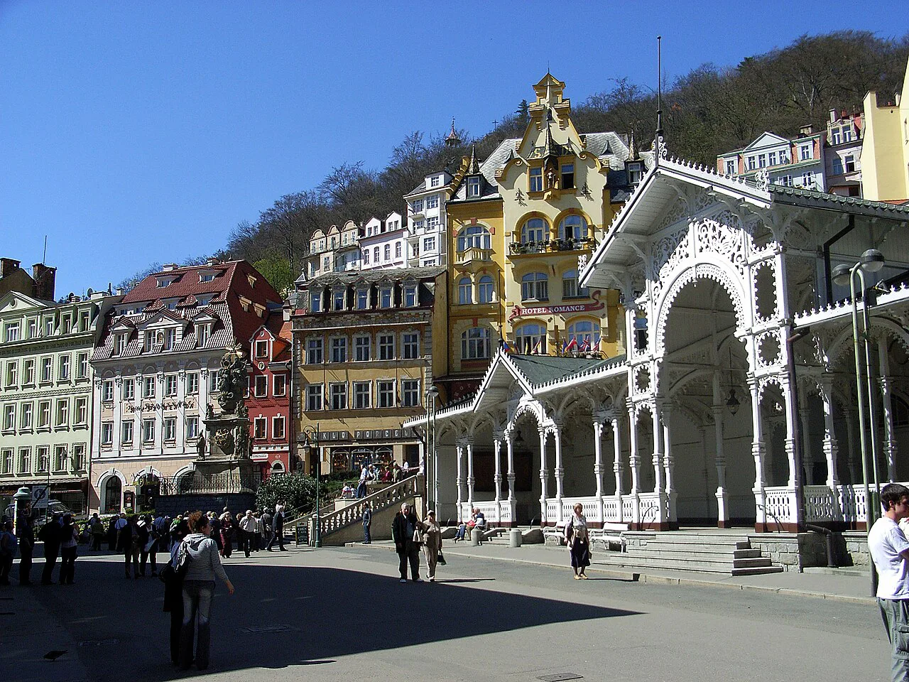 The Market Colonnade and Holy Trinity Column on the market square, Karlovy Vary.