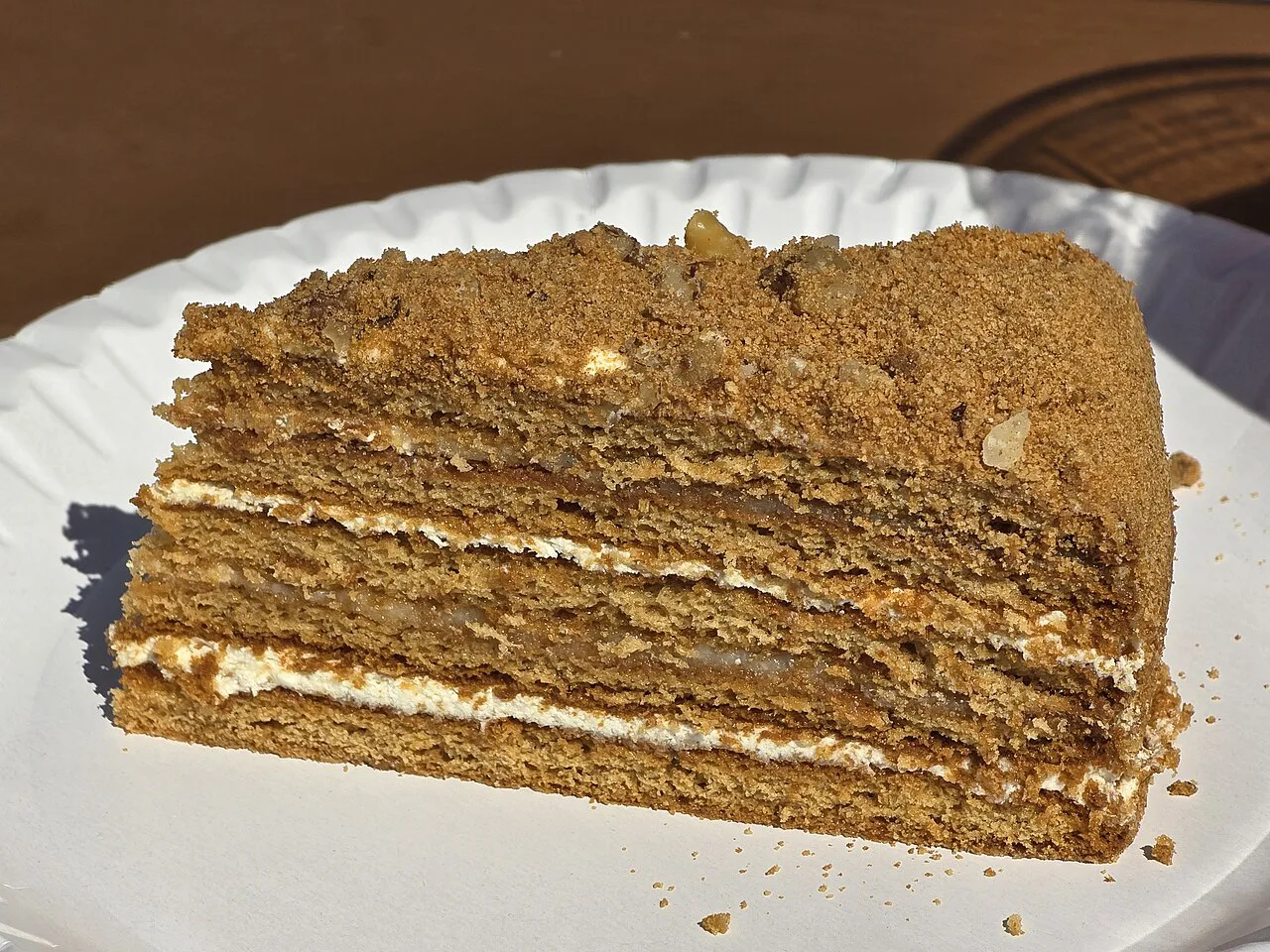 Slice of medovník, Czech layered honey cake