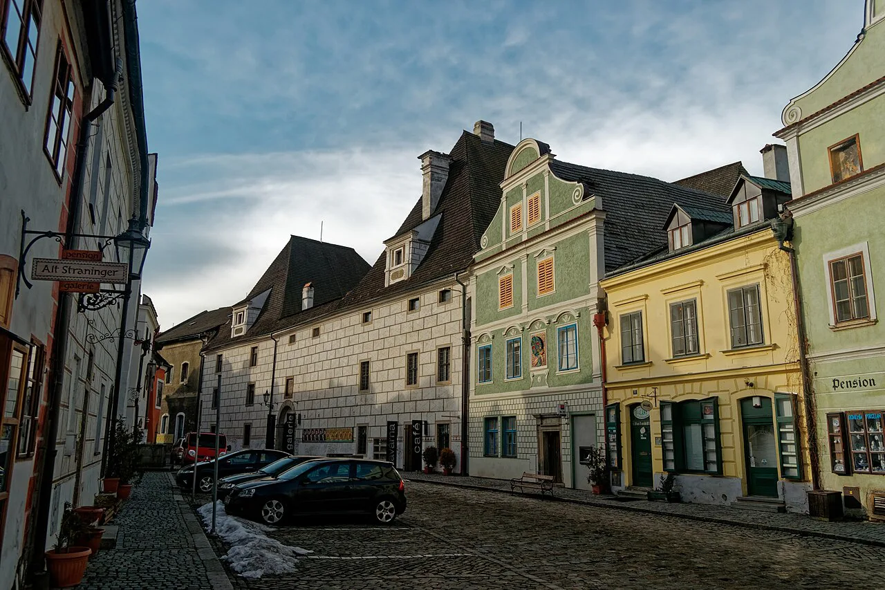 Široká Street in Český Krumlov, looking toward the Egon Schiele museum.