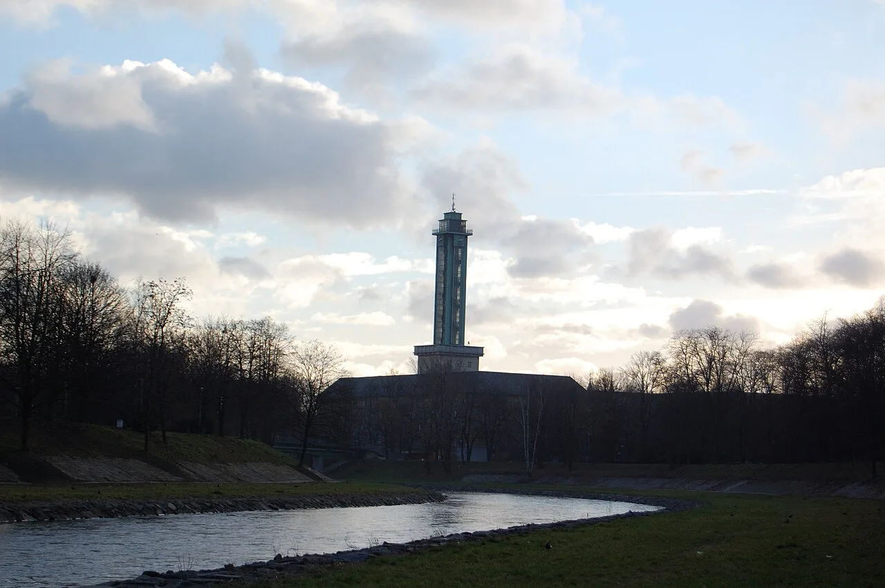 The New City Hall tower seen across the Ostravice River, Ostrava.