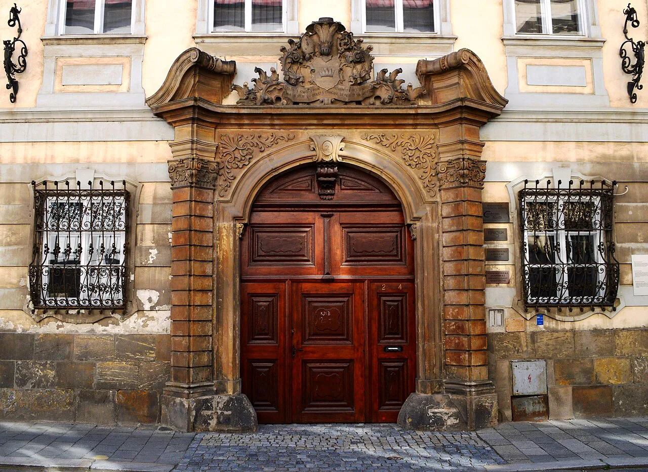 An ornate Baroque doorway on a palace in Olomouc's Horní náměstí.