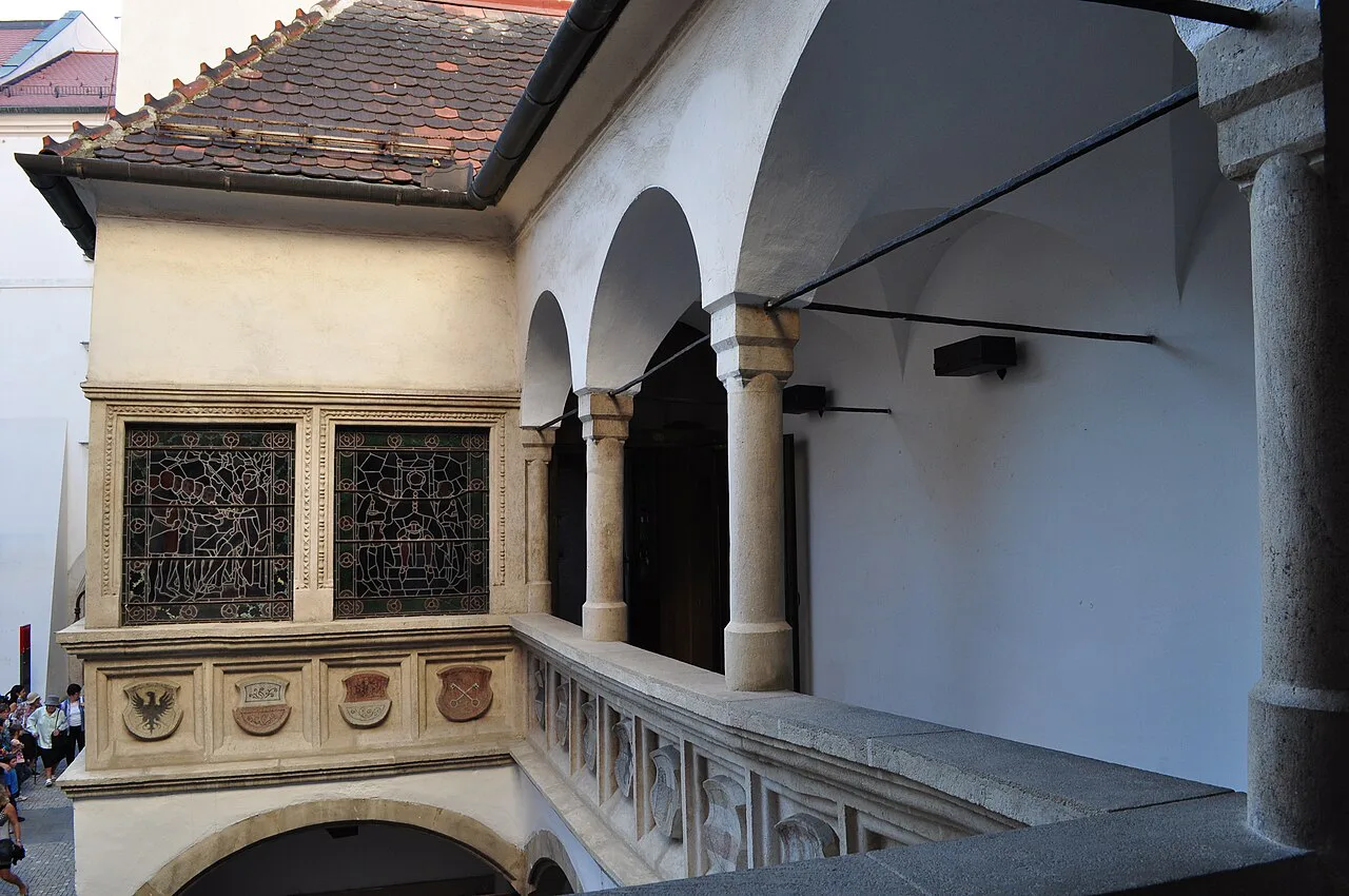 Arcaded gallery in the courtyard of Brno's Old Town Hall.