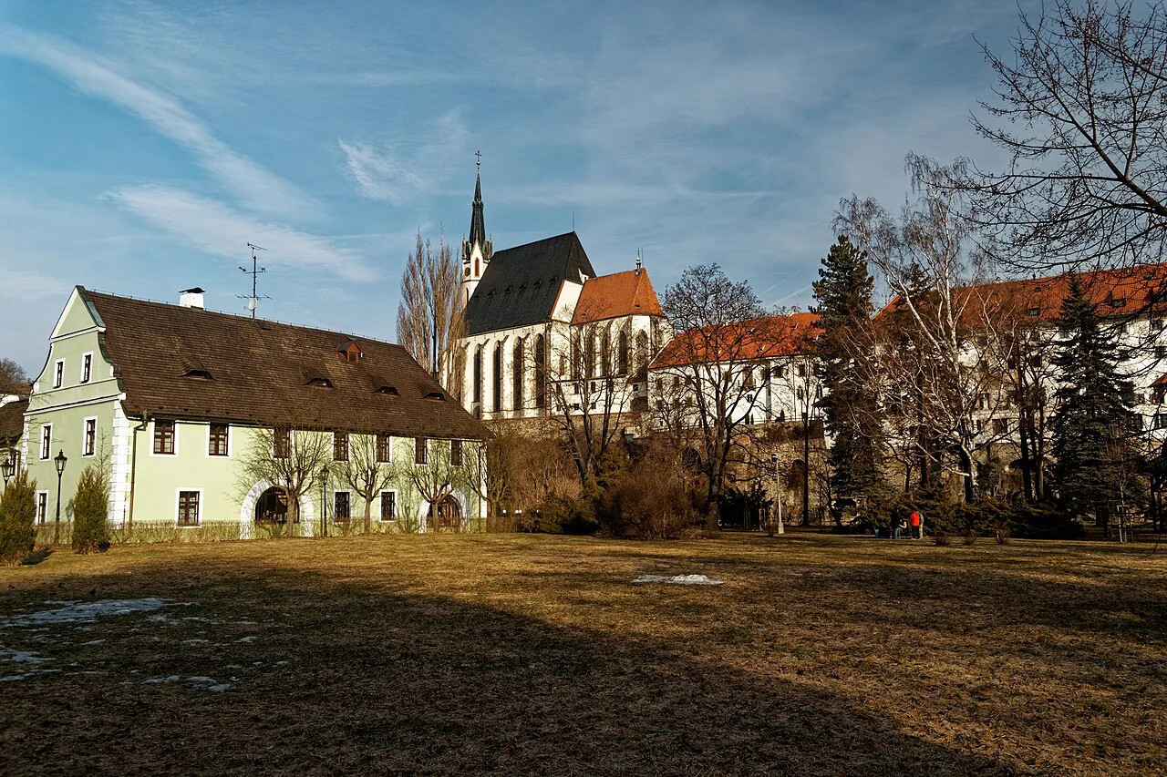 St. Vitus Church in Český Krumlov, seen from the municipal park.