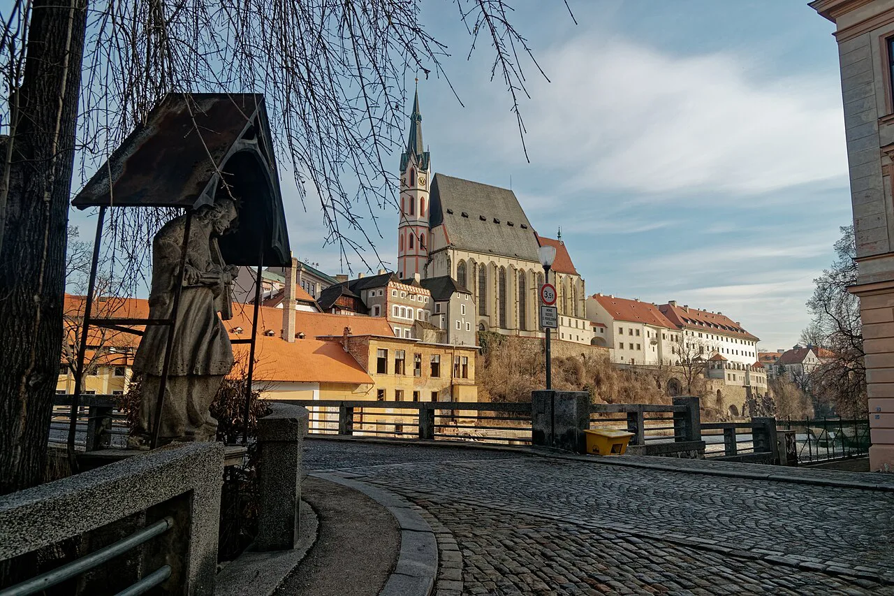 St. Vitus Church seen from Rybářská Street in Český Krumlov.