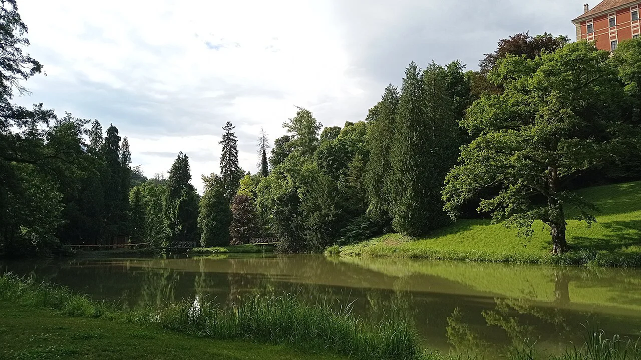 The lower pond in the Opočno Castle park.