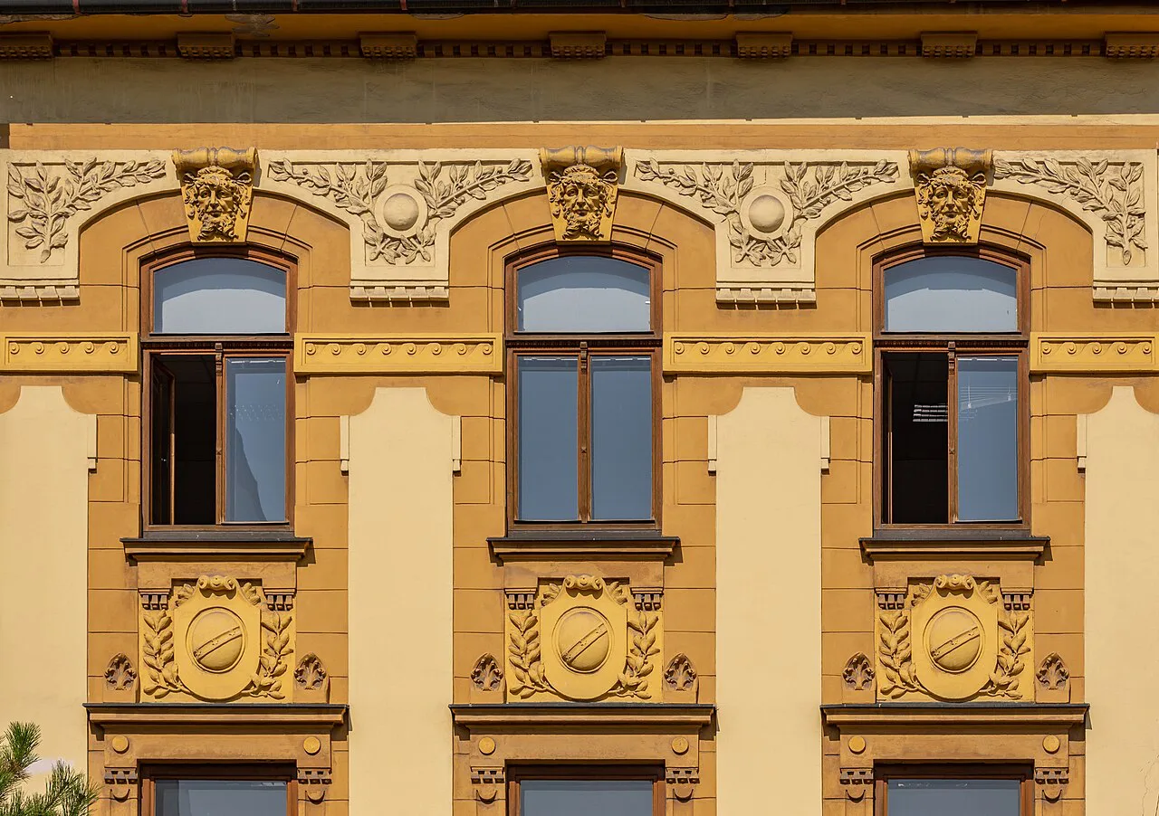 The ornate facade of the building at Zámecká 8, Ostrava.