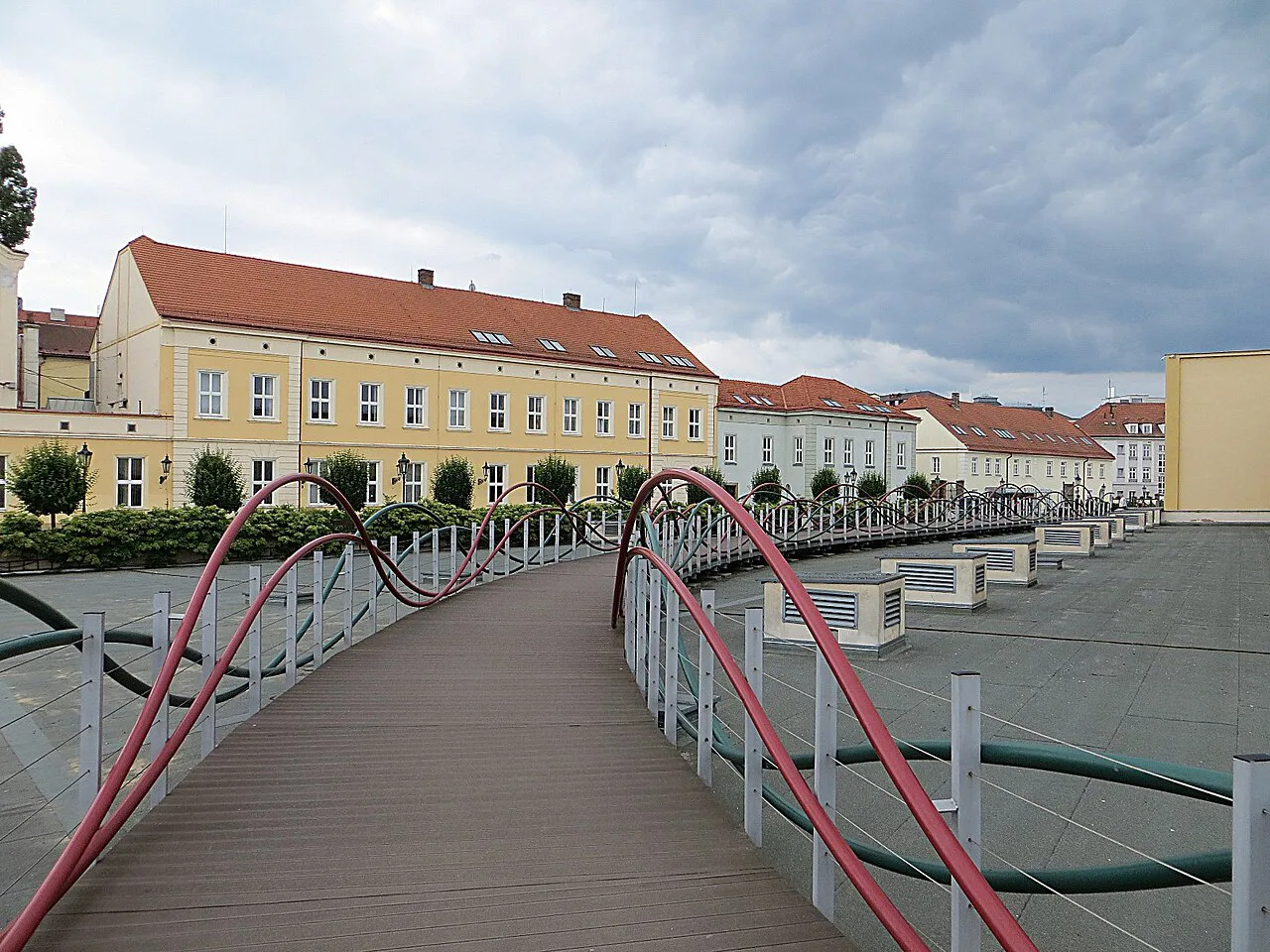 A footbridge leading to the Pilsner Urquell Brewery buildings, Plzeň.
