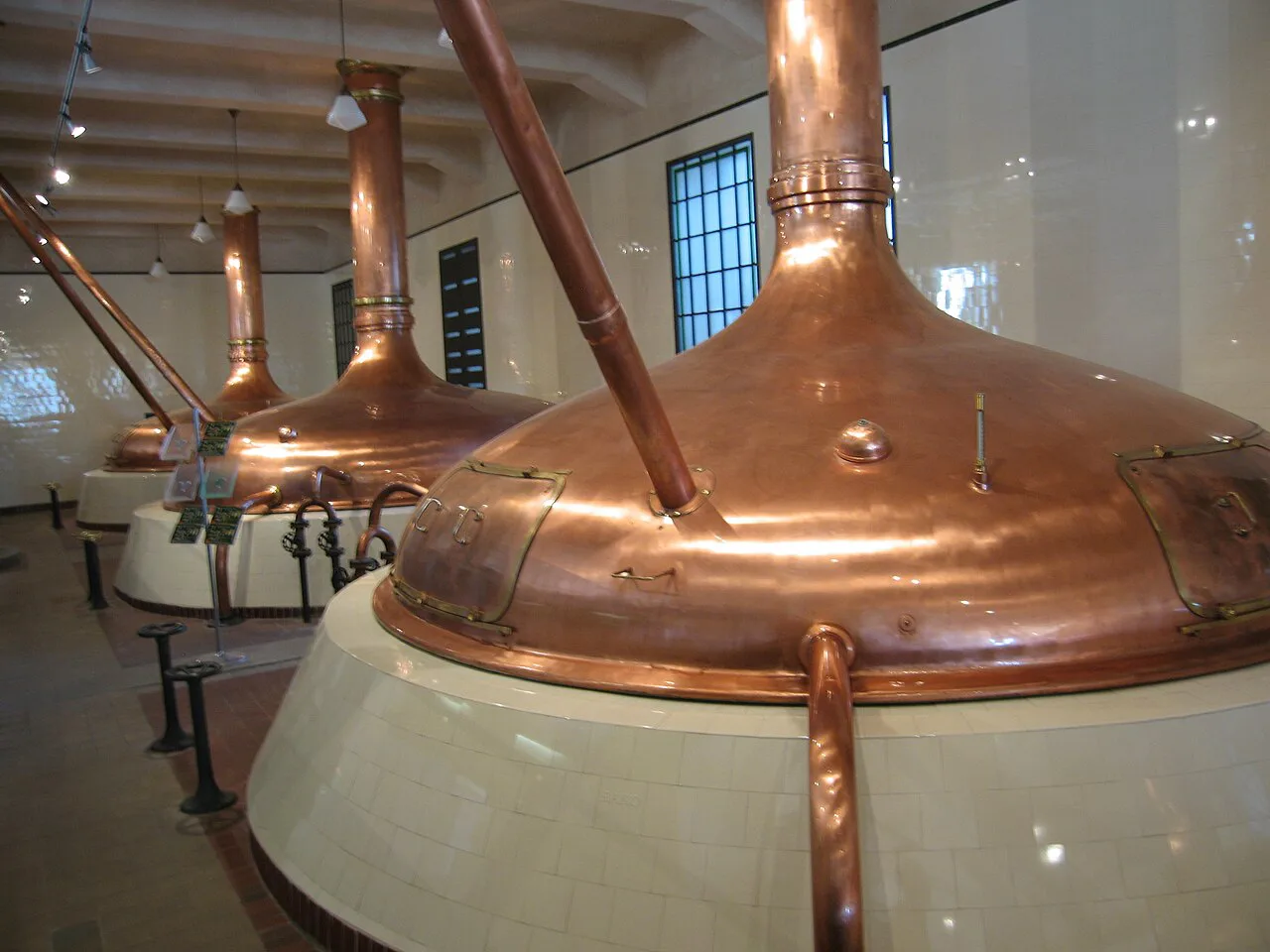 Copper brewing kettles on the Pilsner Urquell Brewery tour, Plzeň.