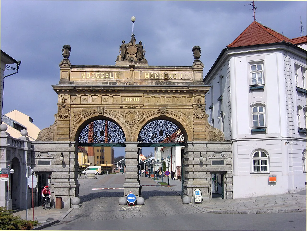 The arched gateway of the Pilsner Urquell Brewery, Plzeň.