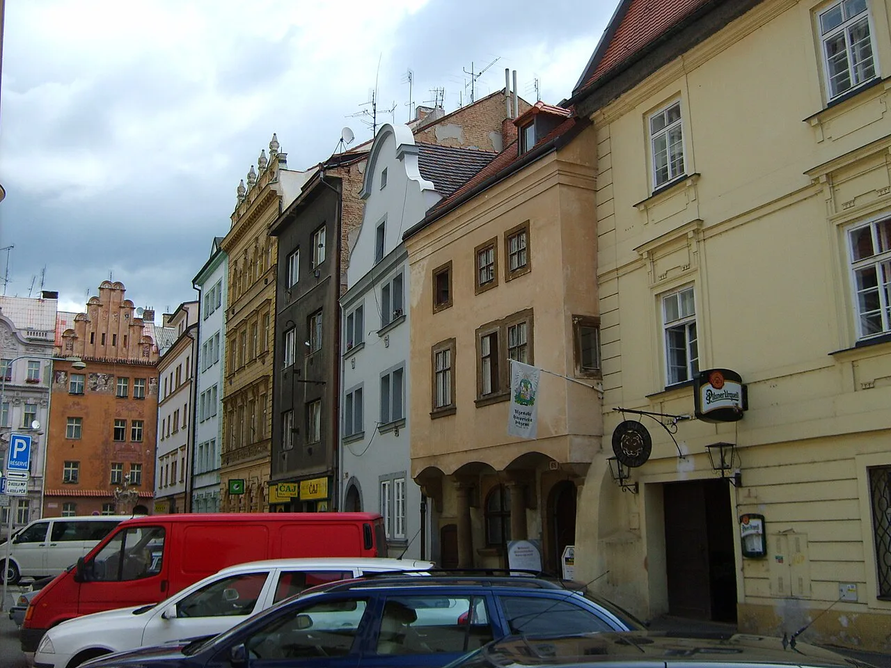 Historic houses on Perlová Street, Plzeň, where the Historical Underground entrance is located.
