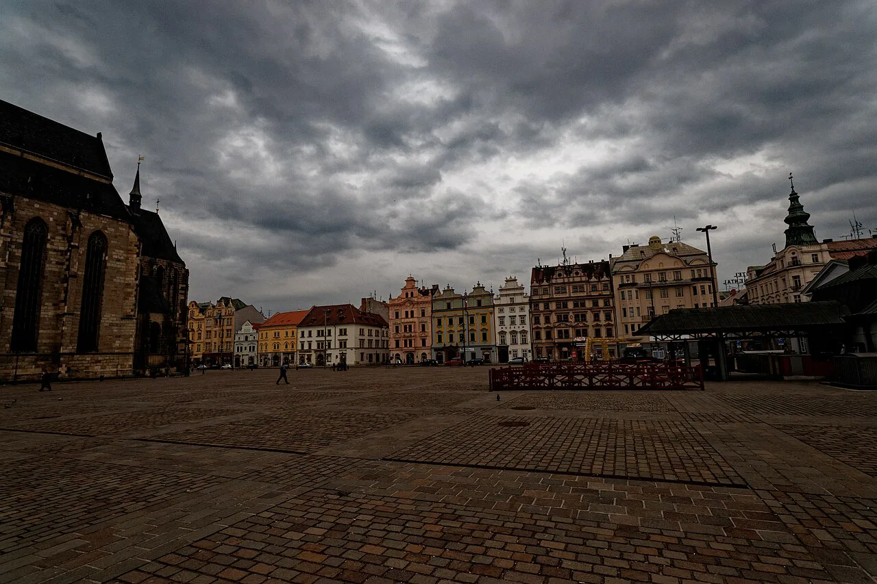 Náměstí Republiky in Plzeň, with the Cathedral of St. Bartholomew at left.