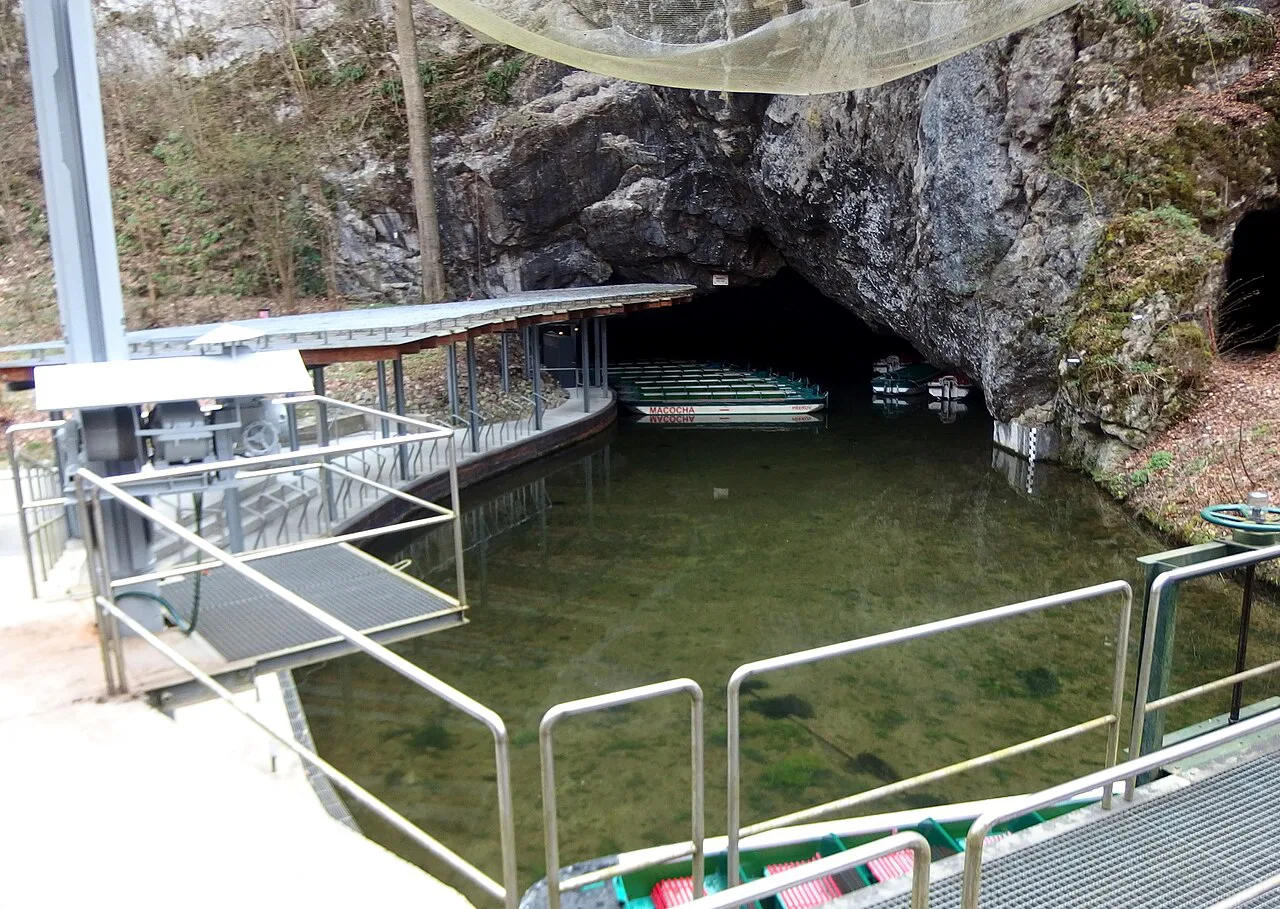 Boat landing inside the Punkva Caves.