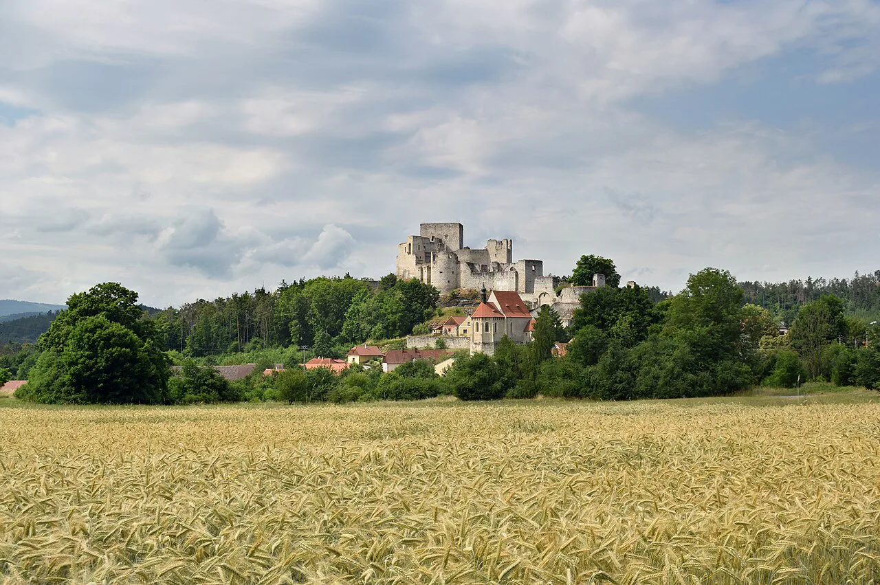 Rabí Castle seen from the east across a grain field.