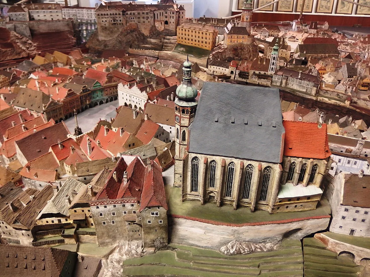 Detail of the Regional Museum's model of Český Krumlov, with St. Vitus Church.