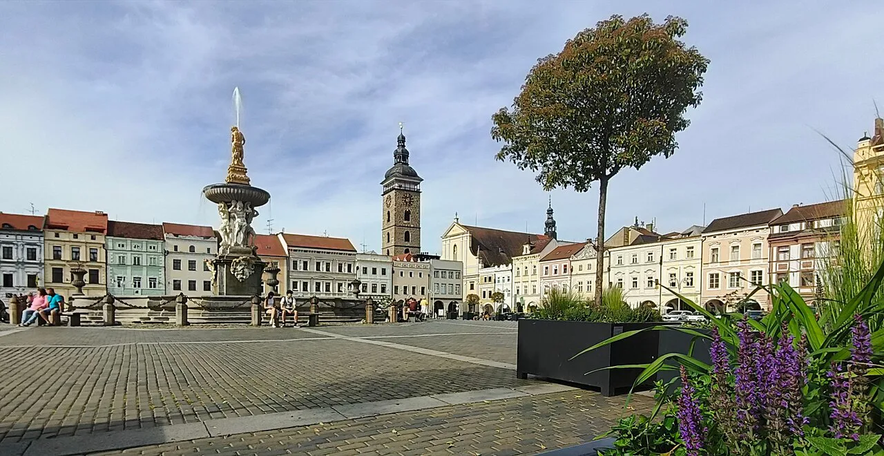 Samson Fountain and the Black Tower across Přemysl Otakar II Square, České Budějovice.