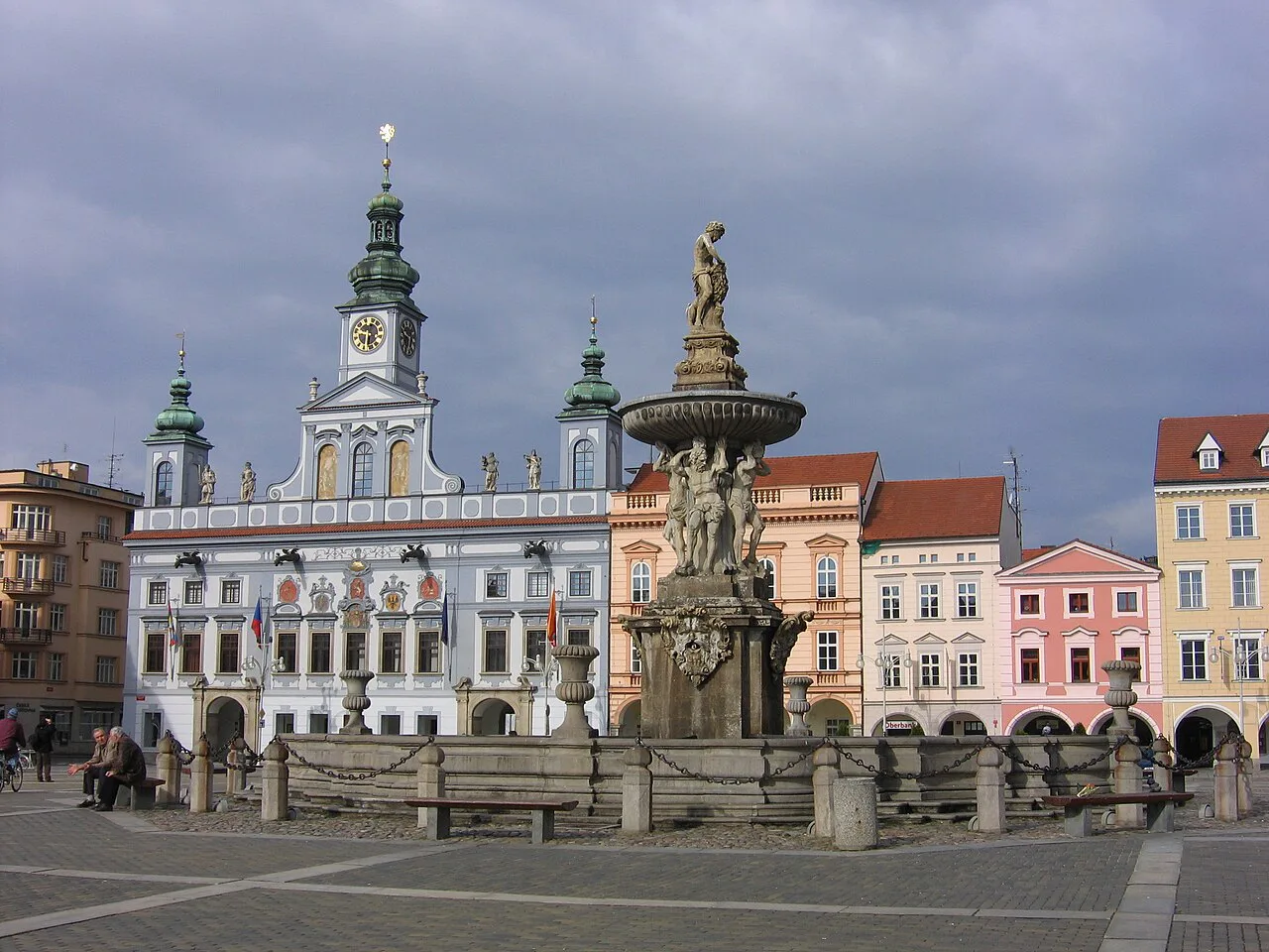 Samson Fountain and the Baroque Town Hall on Přemysl Otakar II Square, České Budějovice.