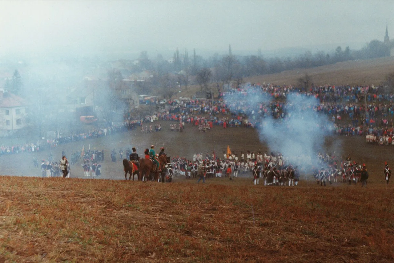 A Battle of Austerlitz reenactment with cannon smoke at Santon near Tvarožná.