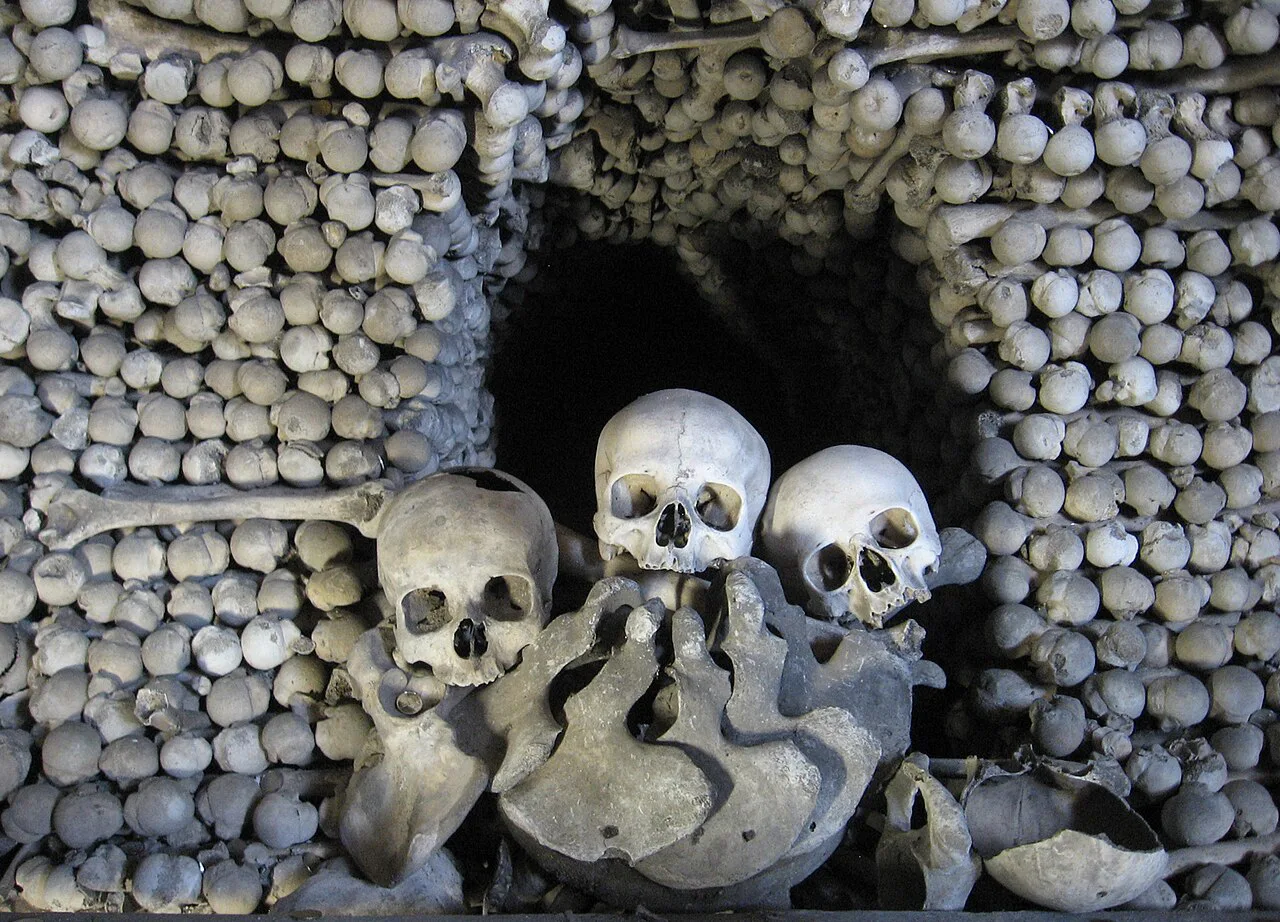 Skulls and bones stacked inside the Sedlec Ossuary.