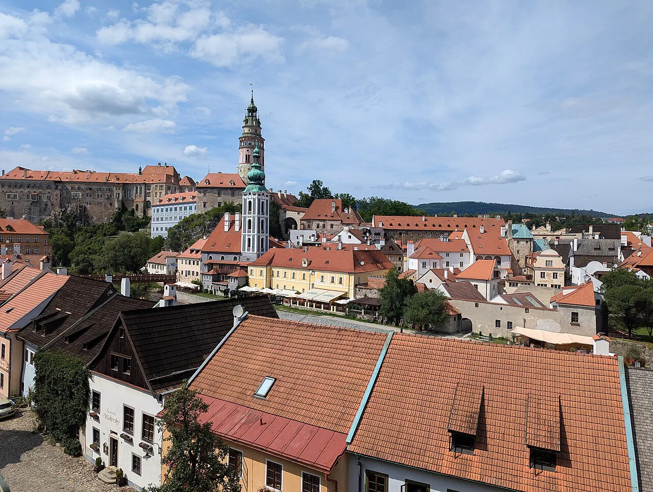 Rooftops of Český Krumlov from the Jesuit seminary garden.